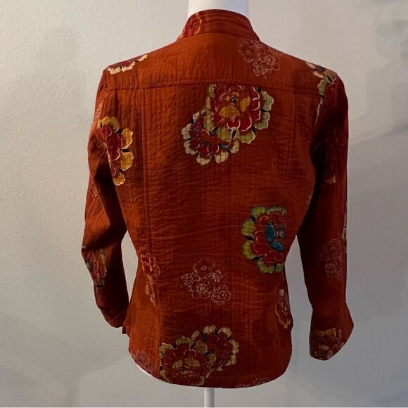 Chicos Boho Floral Button Front Jacket Topper Kantha Burnt Orange Sz 0 (small 4) - Picture 6 of 8